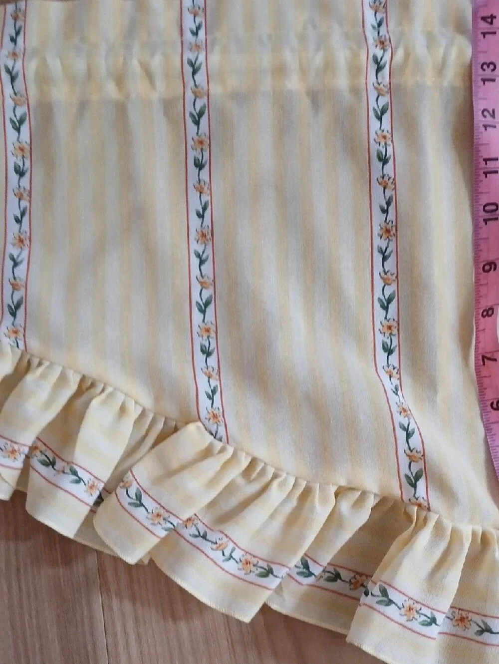 Pair Vintage Yellow Floral Stripe Window Valance Curtains Ruffled Hem